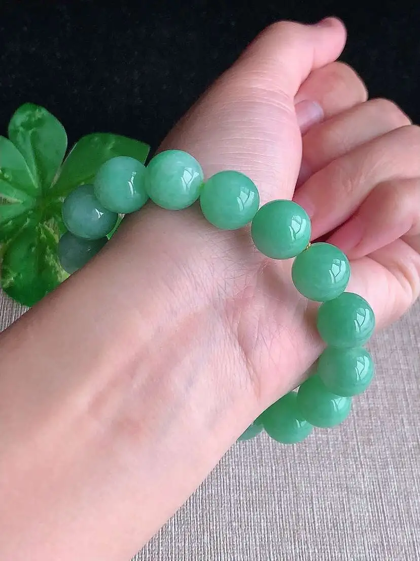 a货翡翠老坑冰种满绿圆珠佛珠手串16颗 尺寸12.3mm 重量54.00g 1030