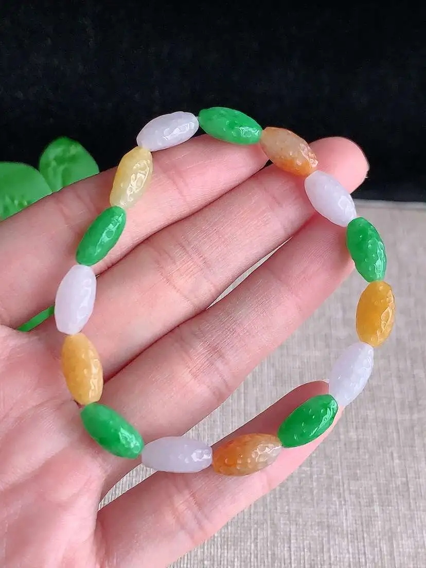 a货翡翠老坑冰种多彩路路通手串15颗  尺寸12×6.5mm 重量12.50g 1030