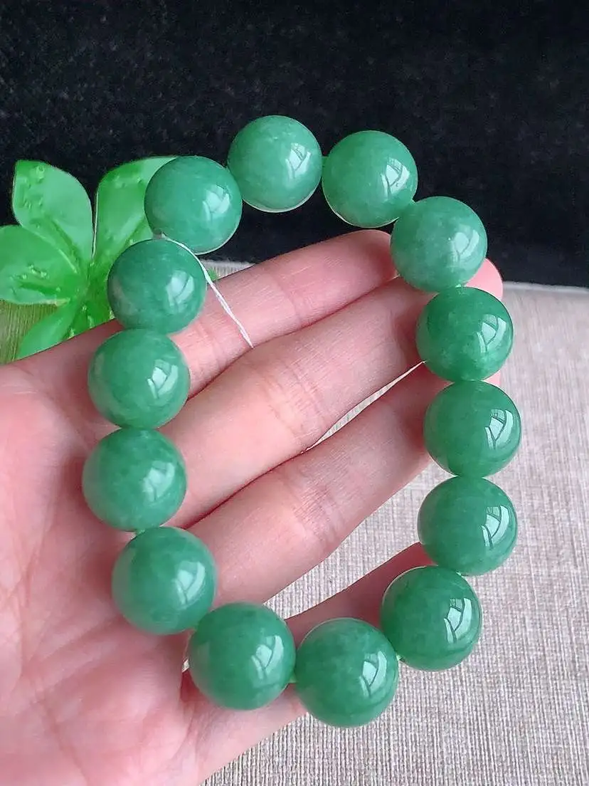 a货翡翠老坑冰种满绿圆珠佛珠手串14颗  尺寸15.3mm 重量91.12g 1031