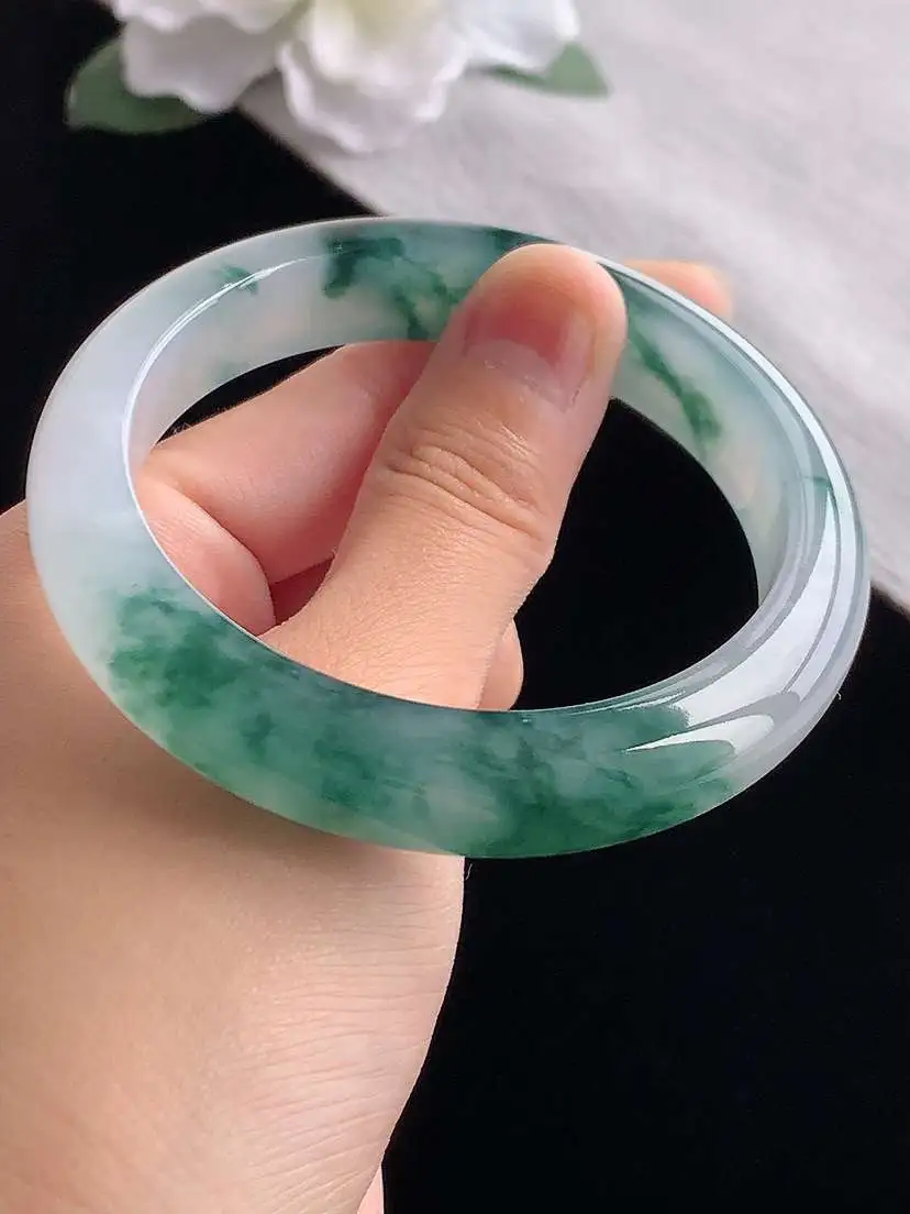 a货翡翠老坑冰种飘花正装正圈手镯57-58圈口  尺寸57.8×12.2×8.6mm 重量61.95g 1030