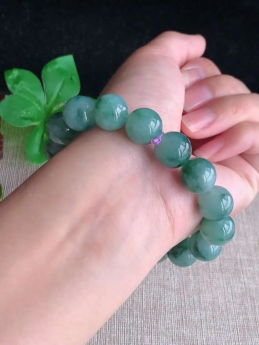 a货翡翠老坑冰种飘花圆珠佛珠16颗  尺寸12.3mm 重量53.18g 1030