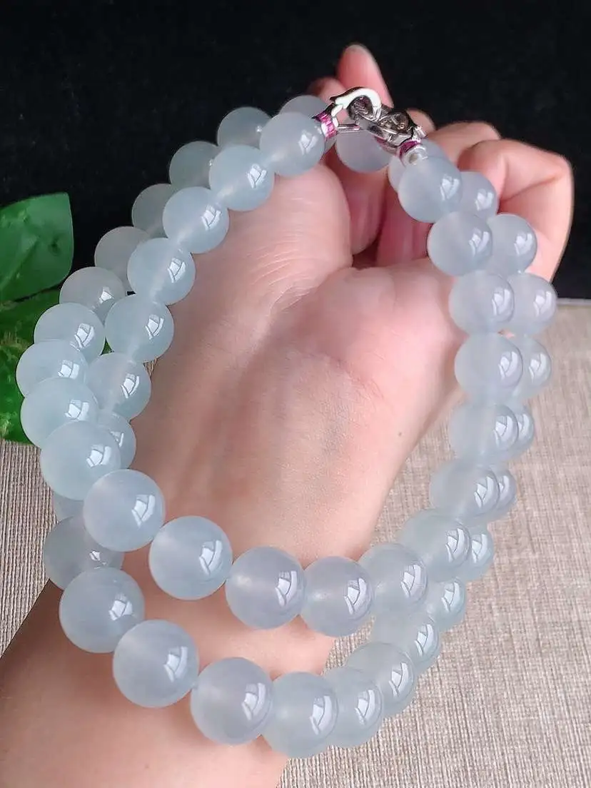 a货翡翠老坑冰种18K金镶嵌白月光圆珠项链毛衣链48颗 尺寸12.6mm 重量174.45g 1030 B48