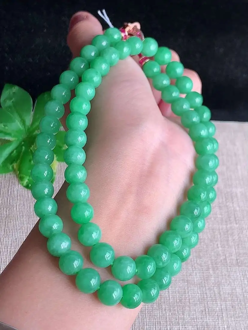 a货翡翠老坑冰种满绿圆珠项链毛衣链68颗  尺寸8.2mm 重量77.00g 1031