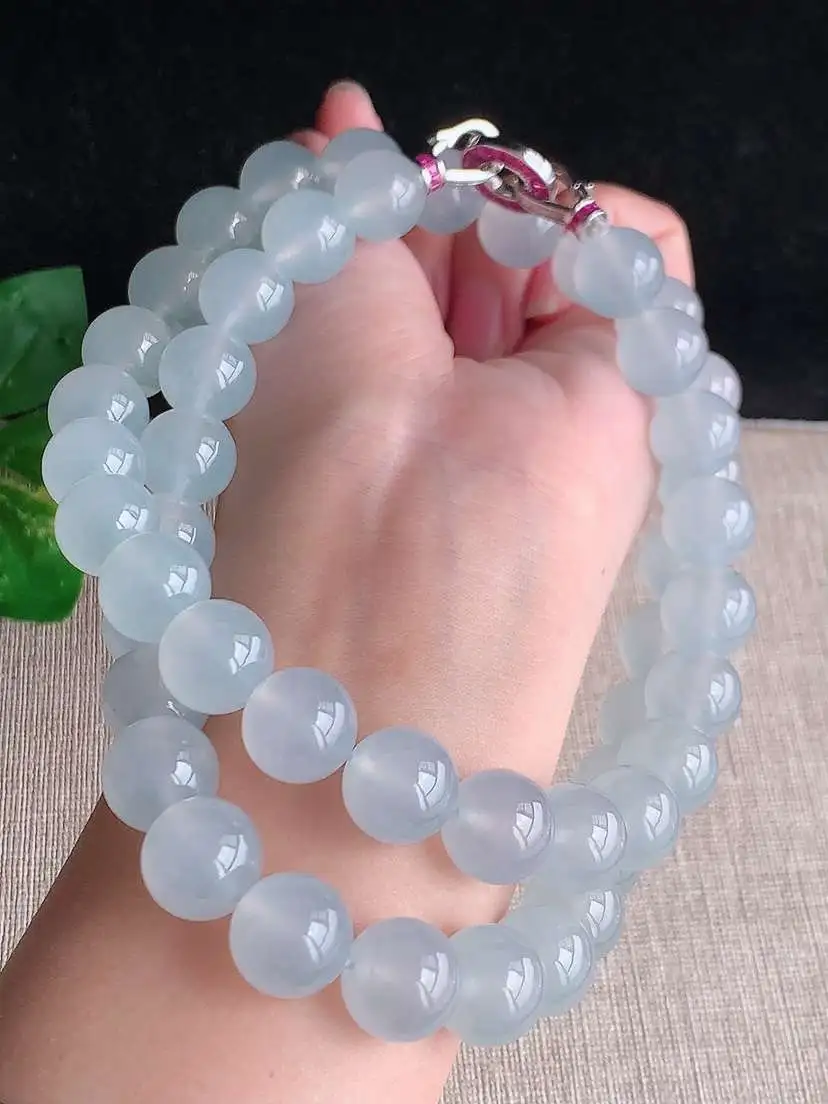 a货翡翠老坑冰种18K金镶嵌白月光圆珠项链毛衣链48颗 尺寸12.6mm 重量174.45g 1030 B48