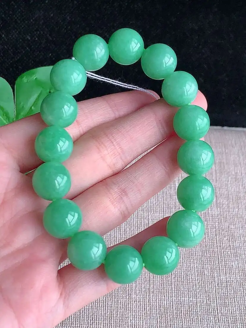 a货翡翠老坑冰种满绿圆珠佛珠手串16颗  尺寸12.8mm 重量61.54g 1031