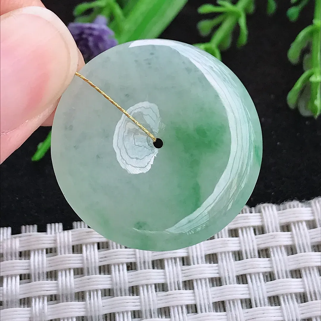 自然光29.6/4.6老坑冰胶水灵飘绿平安扣吊坠翡翠玉扣挂件