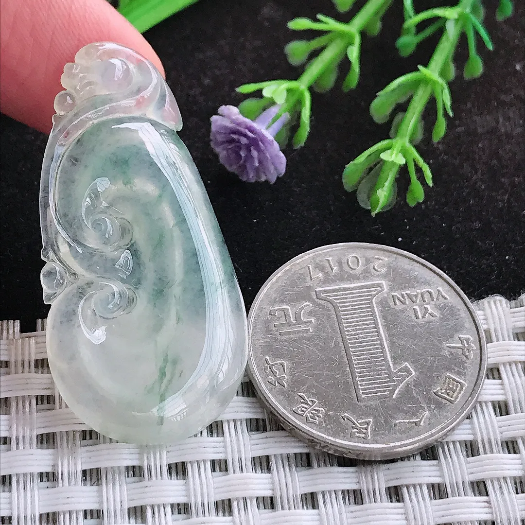 自然光40/20/3.8老坑冰种如意吊坠翡翠玉如意挂件