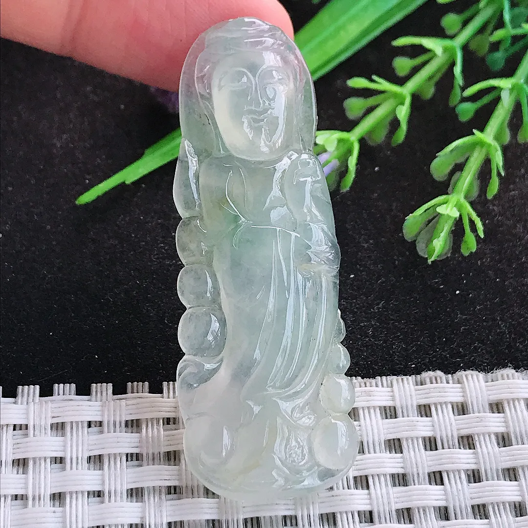 自然光53.6/19.5/5.3老坑冰种起胶观音菩萨吊坠翡翠玉观音挂件