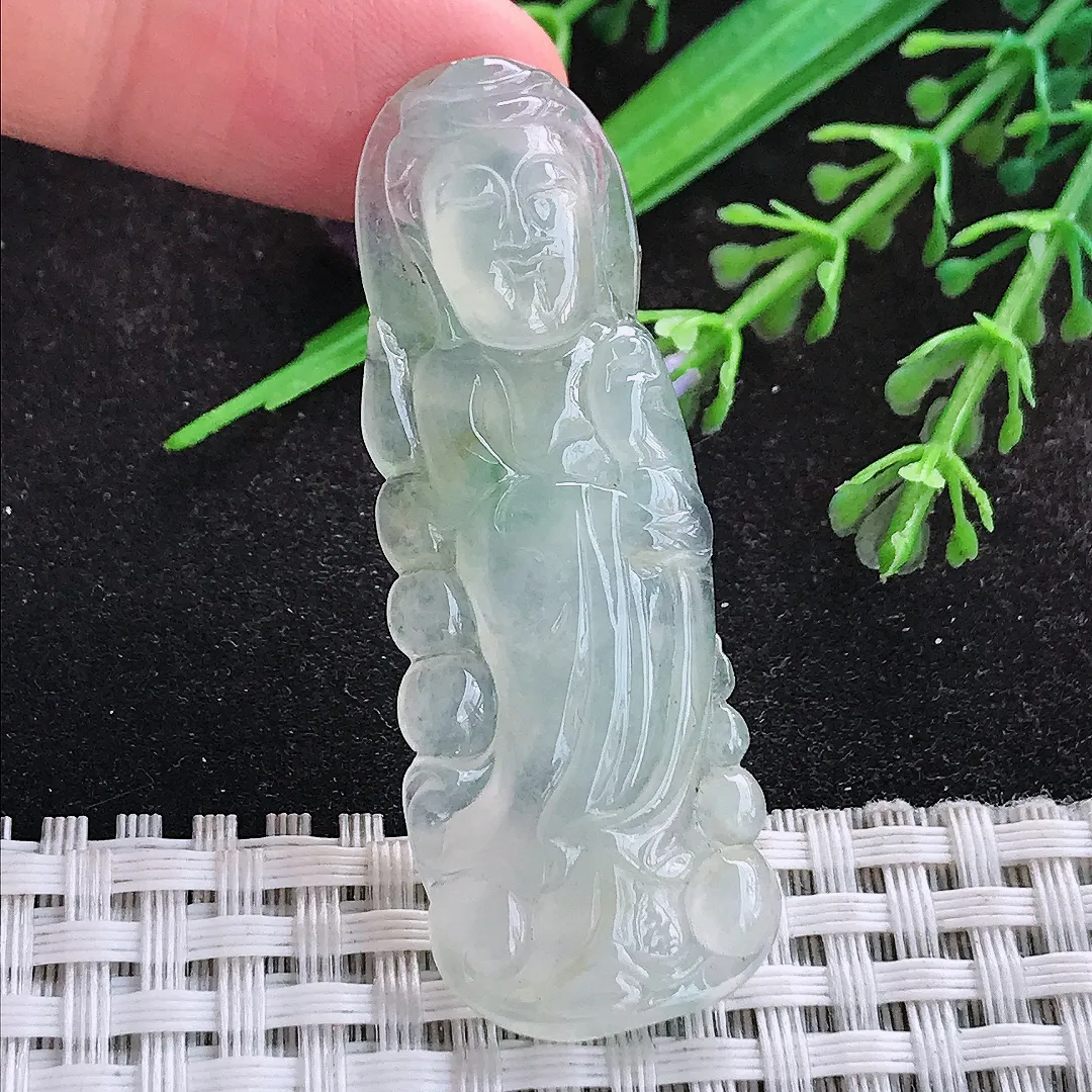 自然光53.6/19.5/5.3老坑冰种起胶观音菩萨吊坠翡翠玉观音挂件