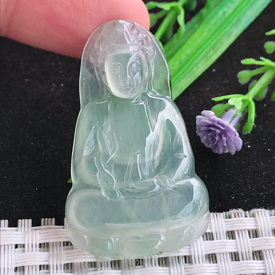 自然光41.8/25.2/4老坑冰种起胶冰晴观音吊坠翡翠玉坠挂件