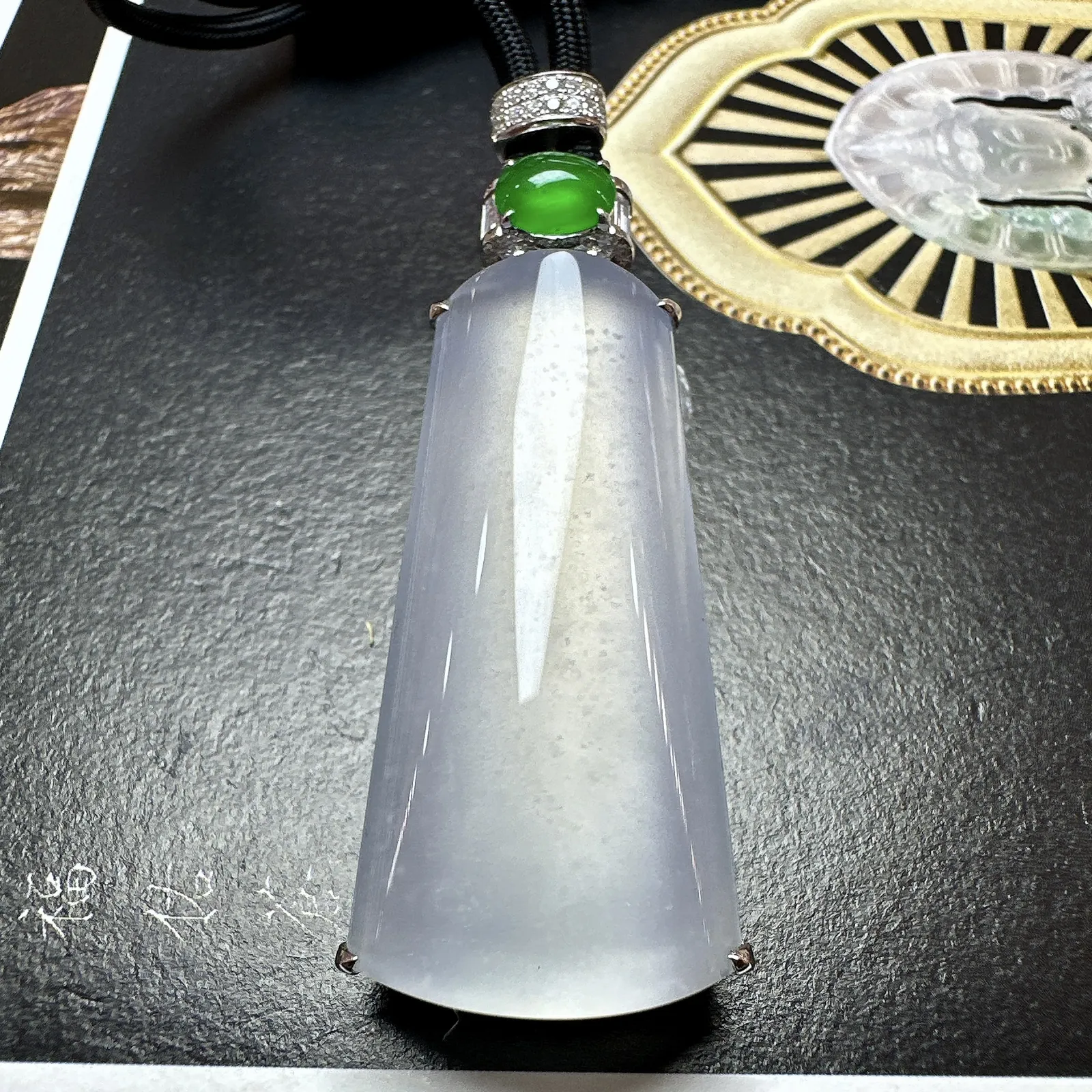 【冰种无事柱】老坑雪花棉，精品，种水上乘，通透闪亮，晶莹剔透。18K金钻镶嵌，裸石尺寸39.9*20