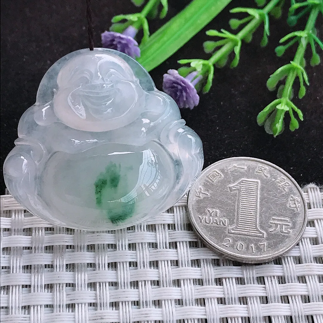 自然光37.4/40.6/9.9老坑冰胶水灵飘花大佛公吊坠翡翠玉佛挂件