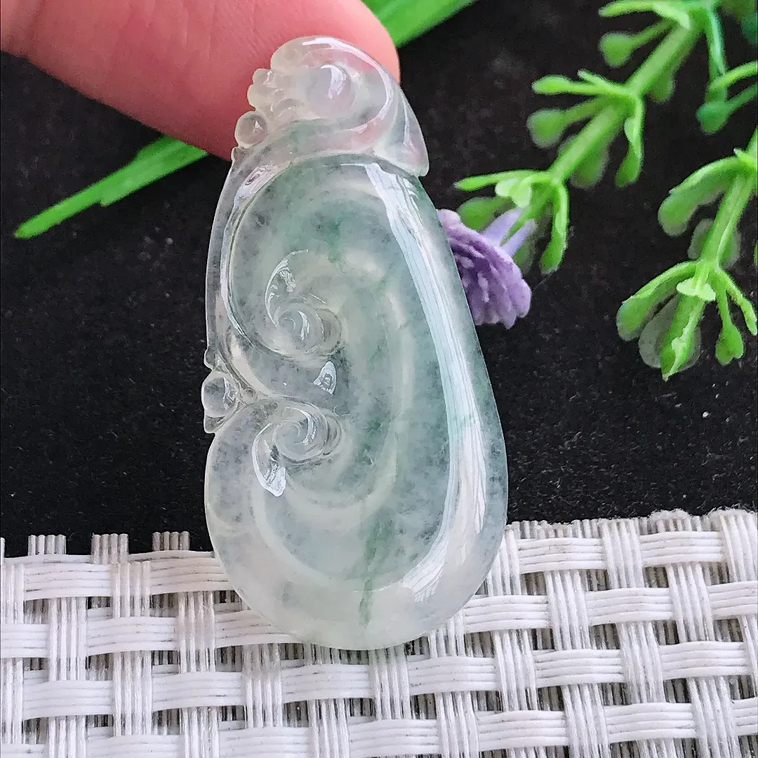 自然光40/20/3.8老坑冰种如意吊坠翡翠玉如意挂件
