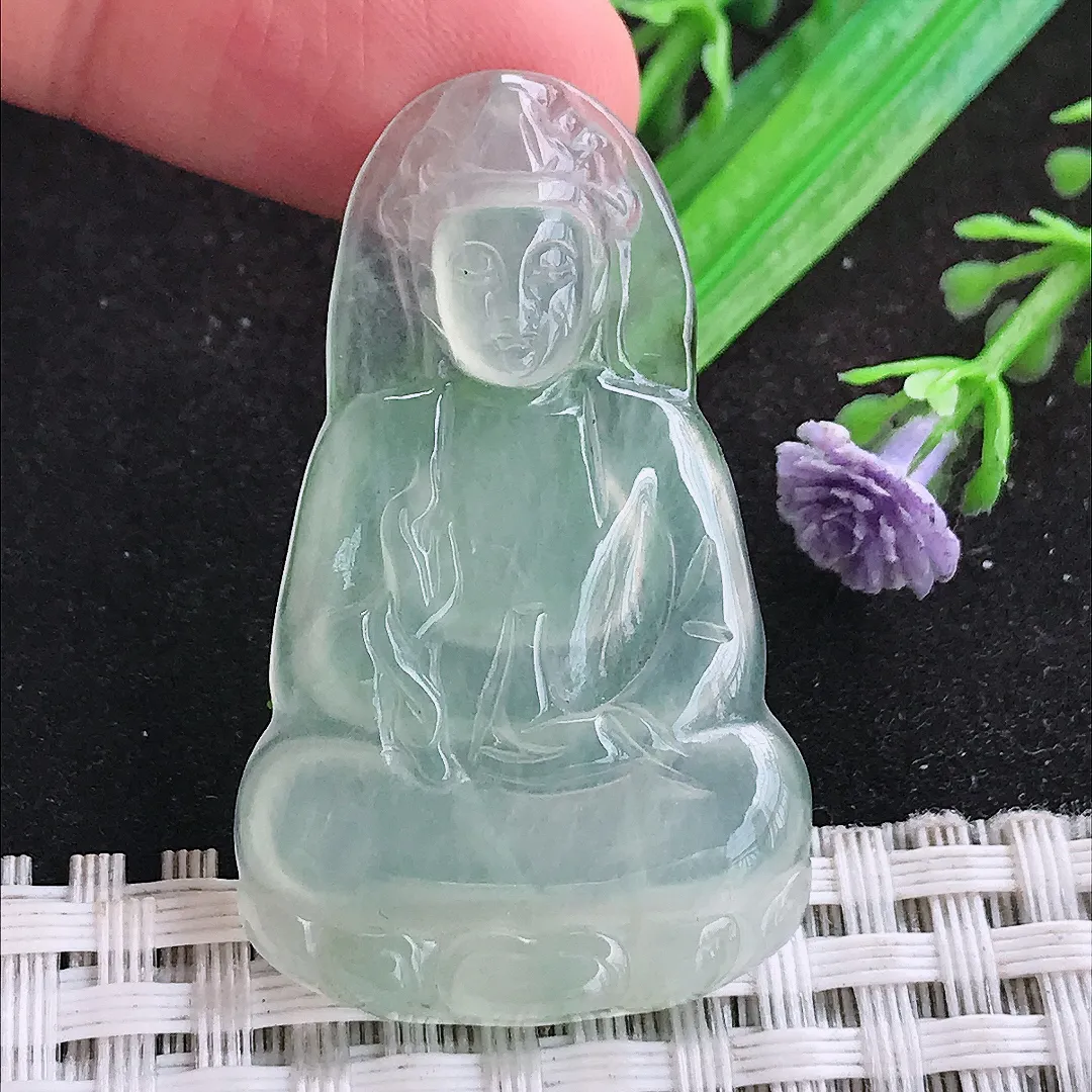 自然光41.8/25.2/4老坑冰种起胶冰晴观音吊坠翡翠玉坠挂件