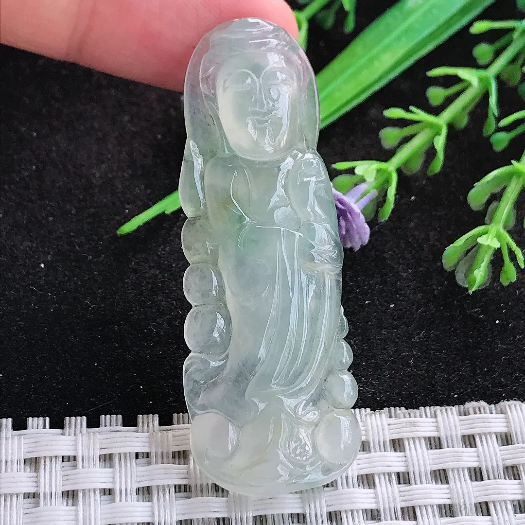 自然光53.6/19.5/5.3老坑冰种起胶观音菩萨吊坠翡翠玉观音挂件