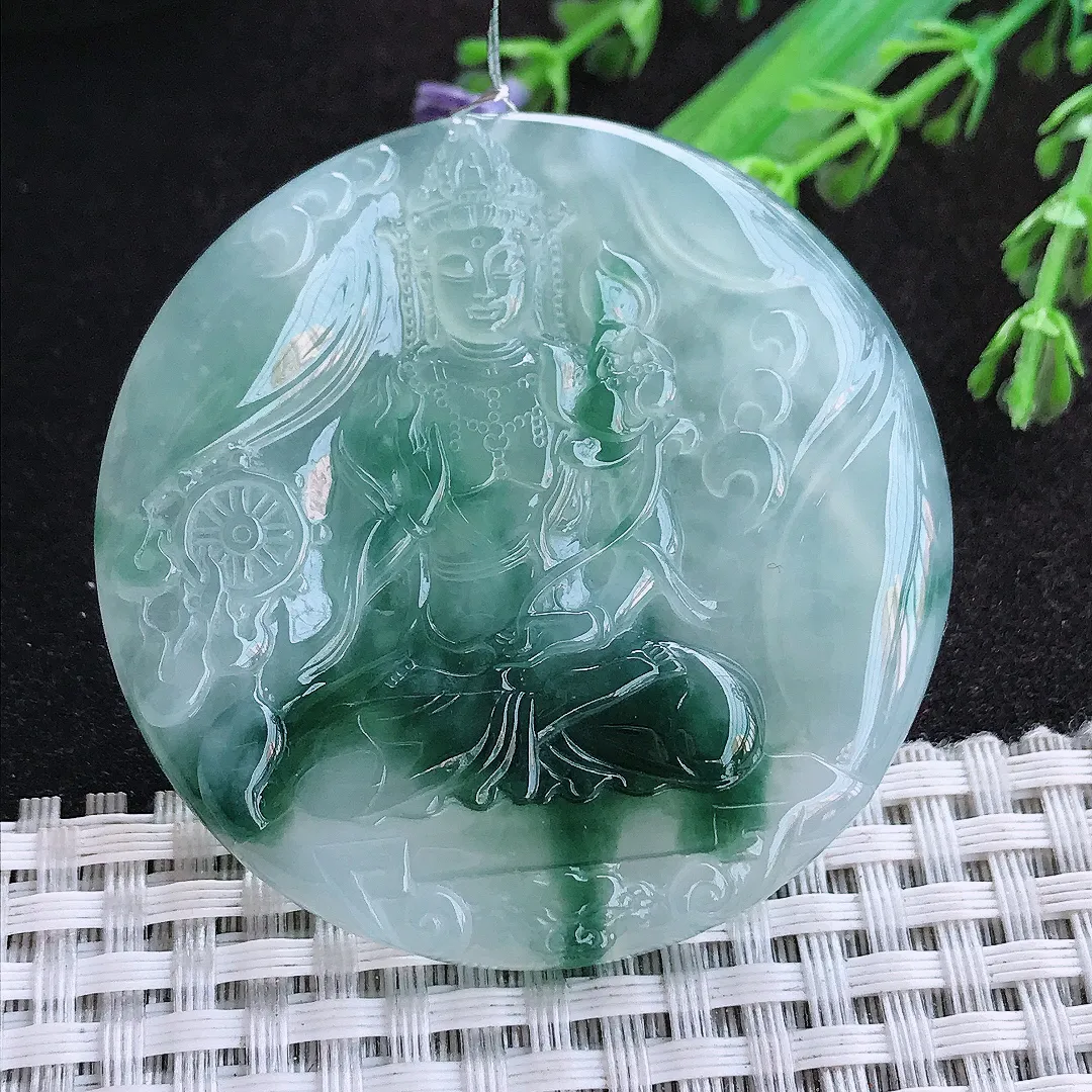 自然光51.8/5.5老坑冰胶果冻冰飘花大势至菩萨挂件翡翠玉观音吊坠百搭