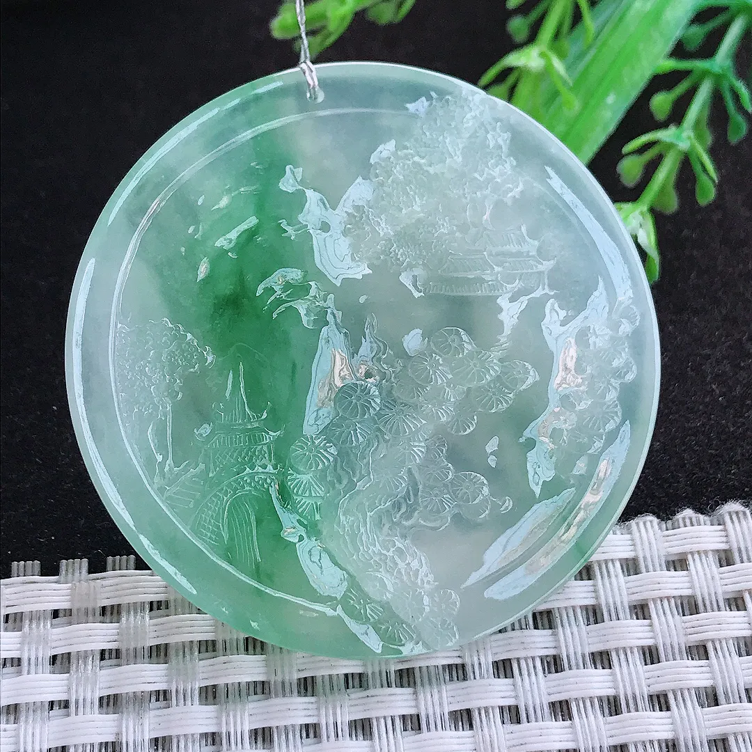 自然光50.8/7.2老坑冰胶果冻飘阳绿山水牌挂件翡翠玉吊坠百搭