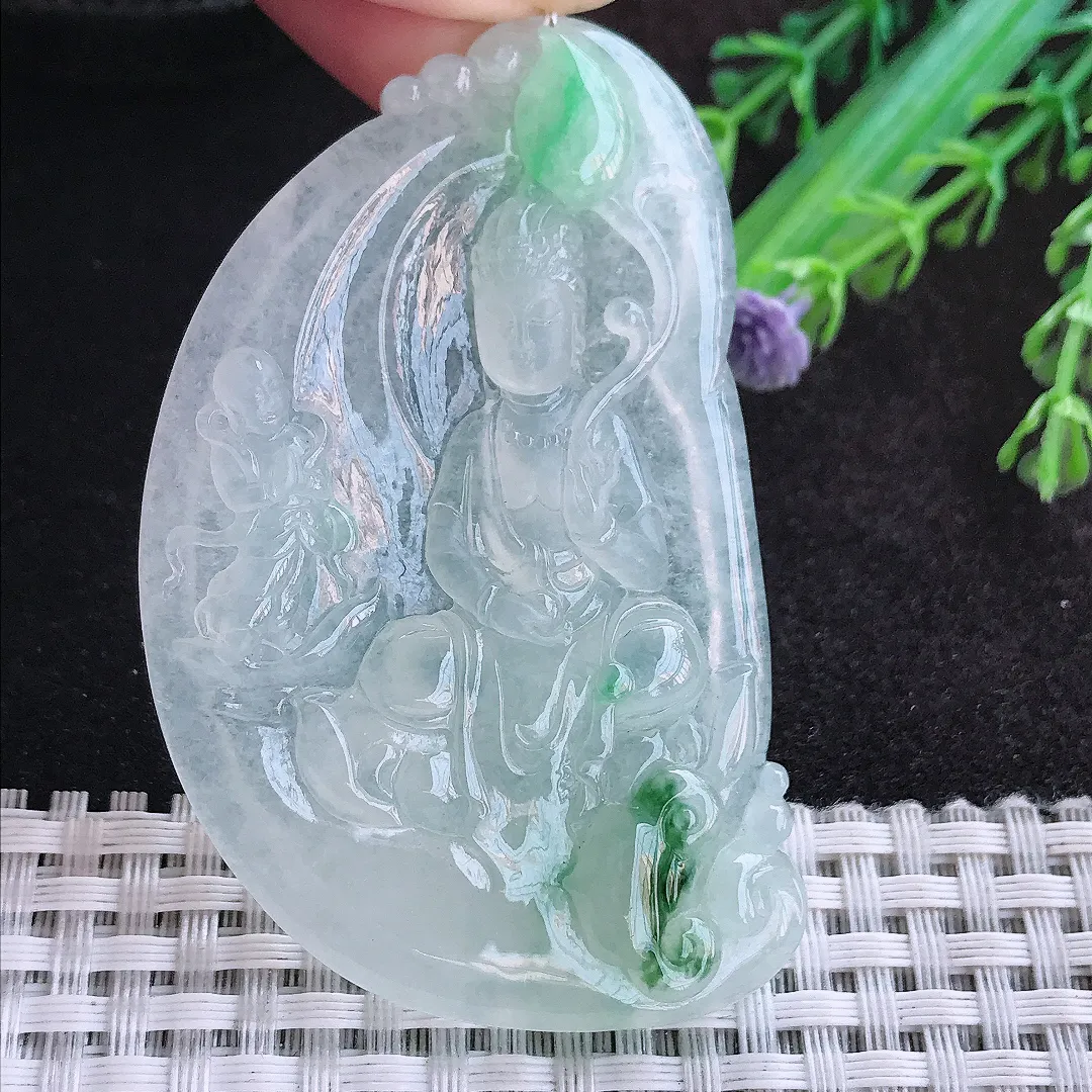 自然光66/40.8/7.2老坑冰透果冻飘绿赐福挂件翡翠玉自在观音吊坠