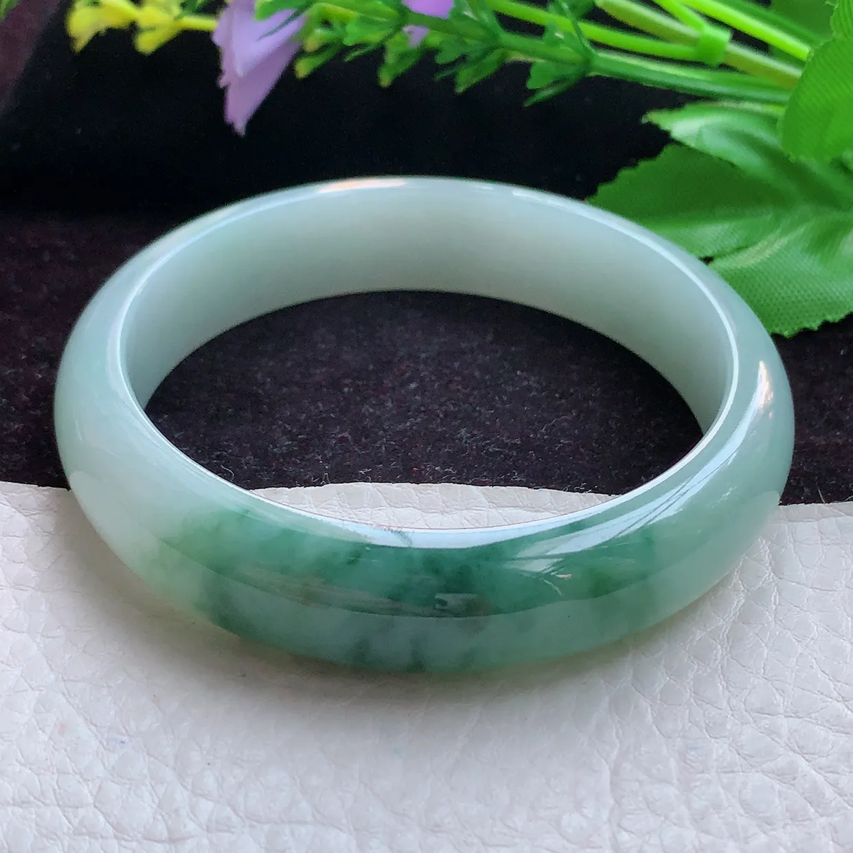 js实拍59*13.8*7.2平安镯 缅甸翡翠A货半山半水招财宽边玉手镯玉手环