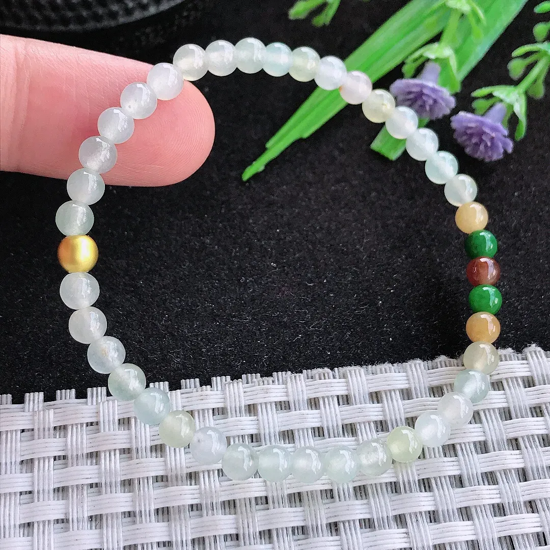 自然光4.5/40颗老坑精美冰胶三彩小米珠手链翡翠珠链手串百搭