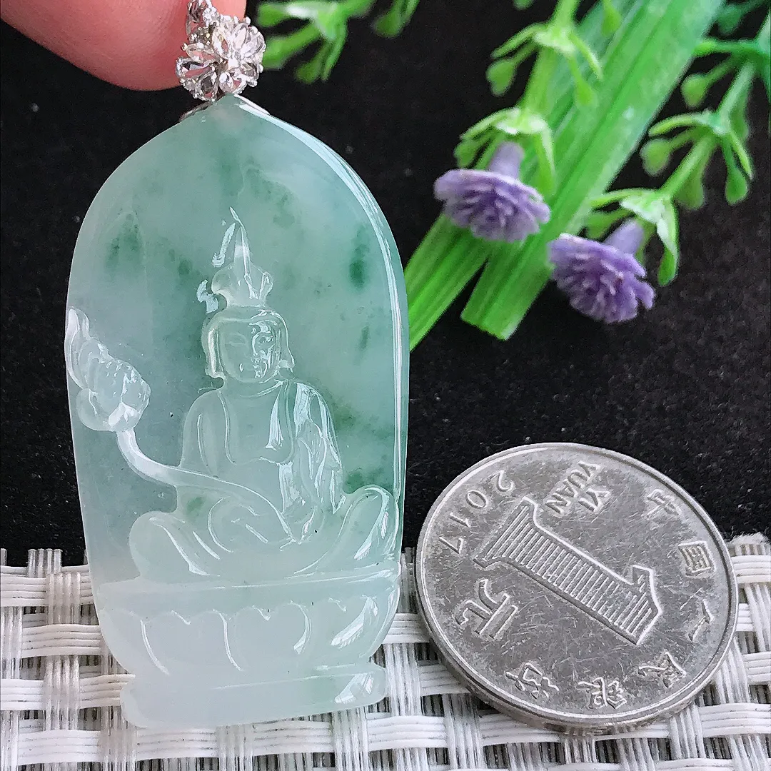 自然光44/24.5/5.8老坑18k金镶嵌冰胶飘花赐福观音挂件翡翠玉吊坠百搭