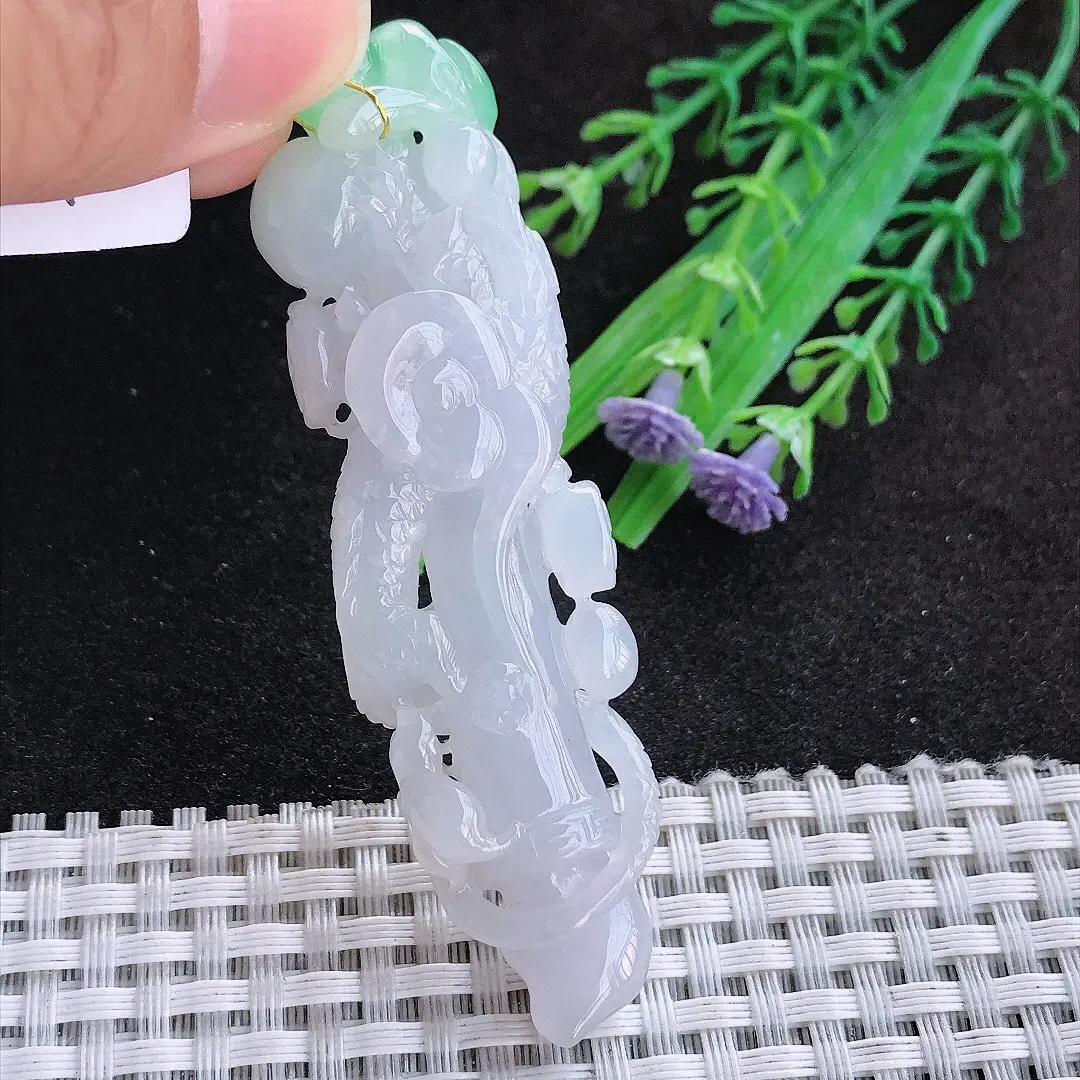 自然光75/21.6/12.5老坑冰润起胶飘阳绿金榜题名龙柱挂件翡翠玉吊坠百搭