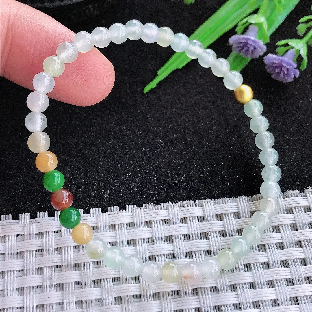 自然光4.5/40颗老坑精美冰胶三彩小米珠手链翡翠珠链手串百搭