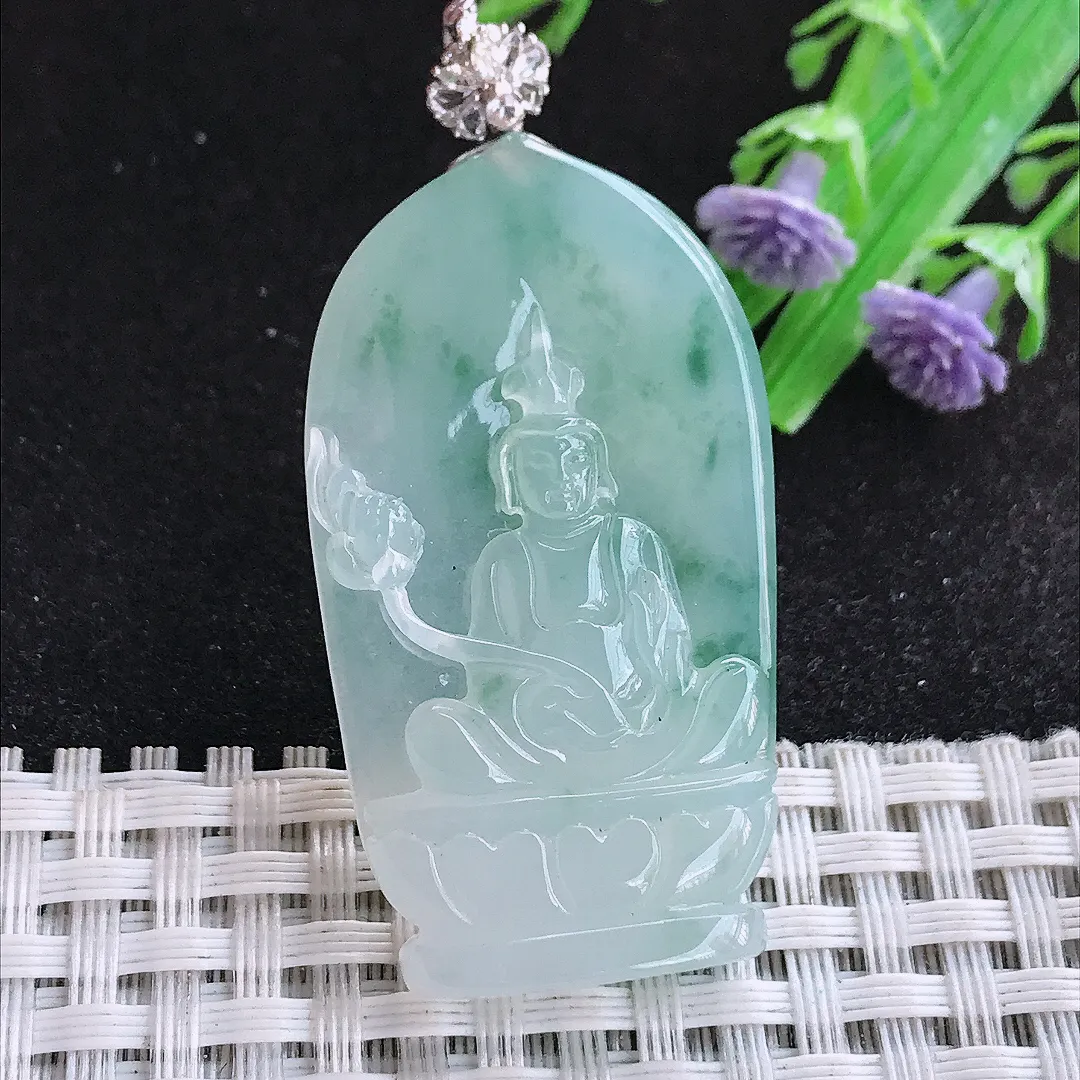 自然光44/24.5/5.8老坑18k金镶嵌冰胶飘花赐福观音挂件翡翠玉吊坠百搭