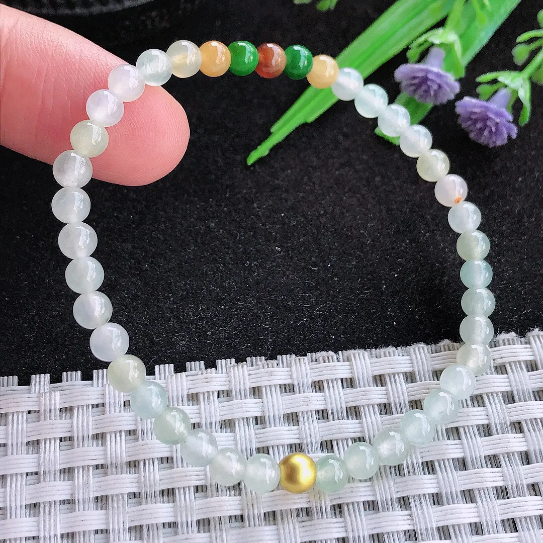 自然光4.5/40颗老坑精美冰胶三彩小米珠手链翡翠珠链手串百搭
