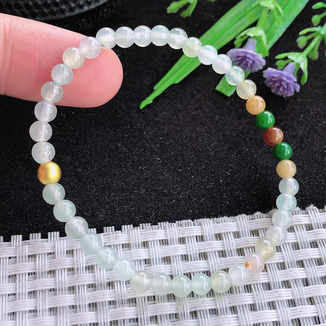 自然光4.5/40颗老坑精美冰胶三彩小米珠手链翡翠珠链手串百搭