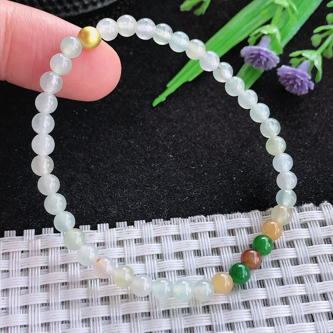 自然光4.5/40颗老坑精美冰胶三彩小米珠手链翡翠珠链手串百搭