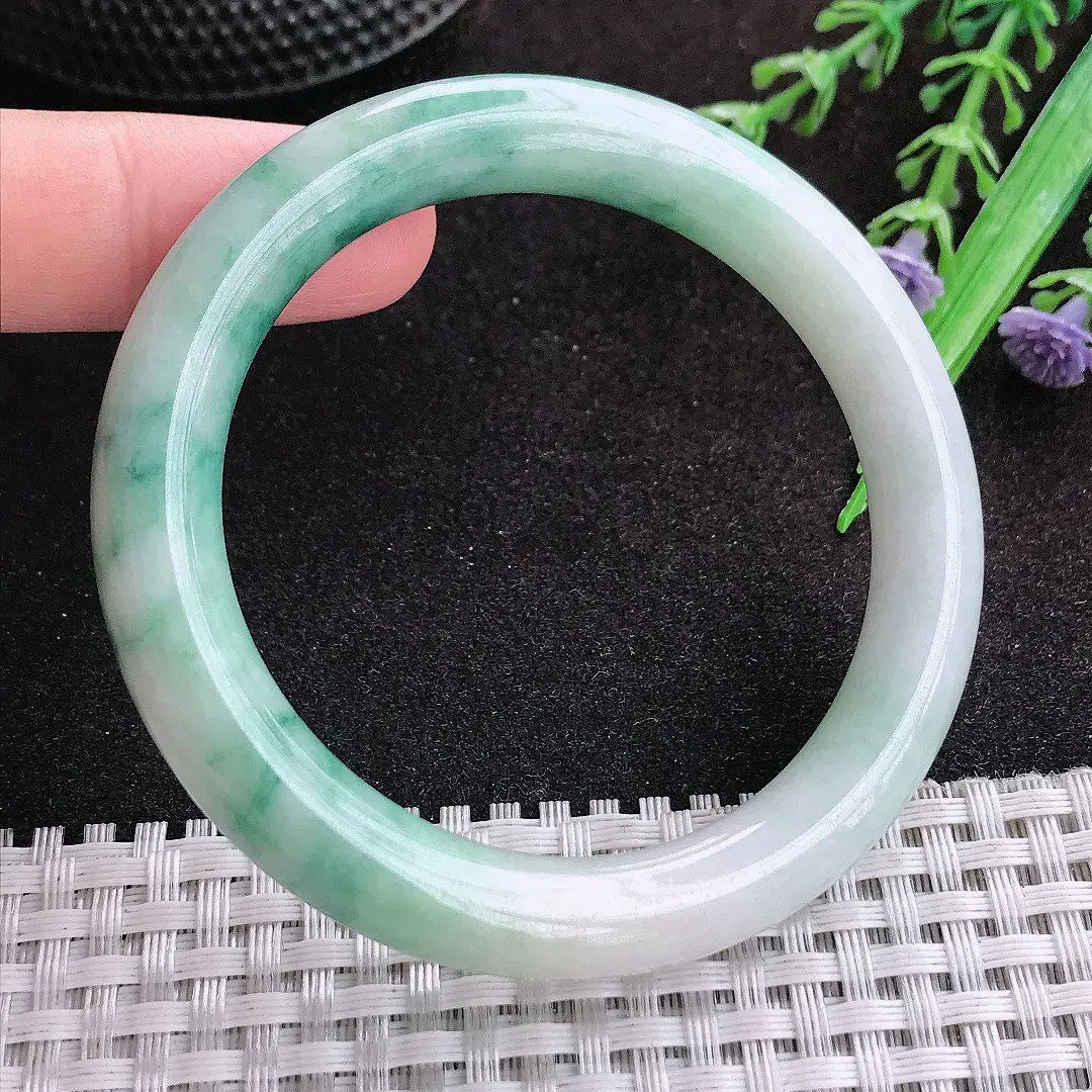 自然光53/9.7/9.3老坑温润飘花圆条手镯玉镯子美人镯手环