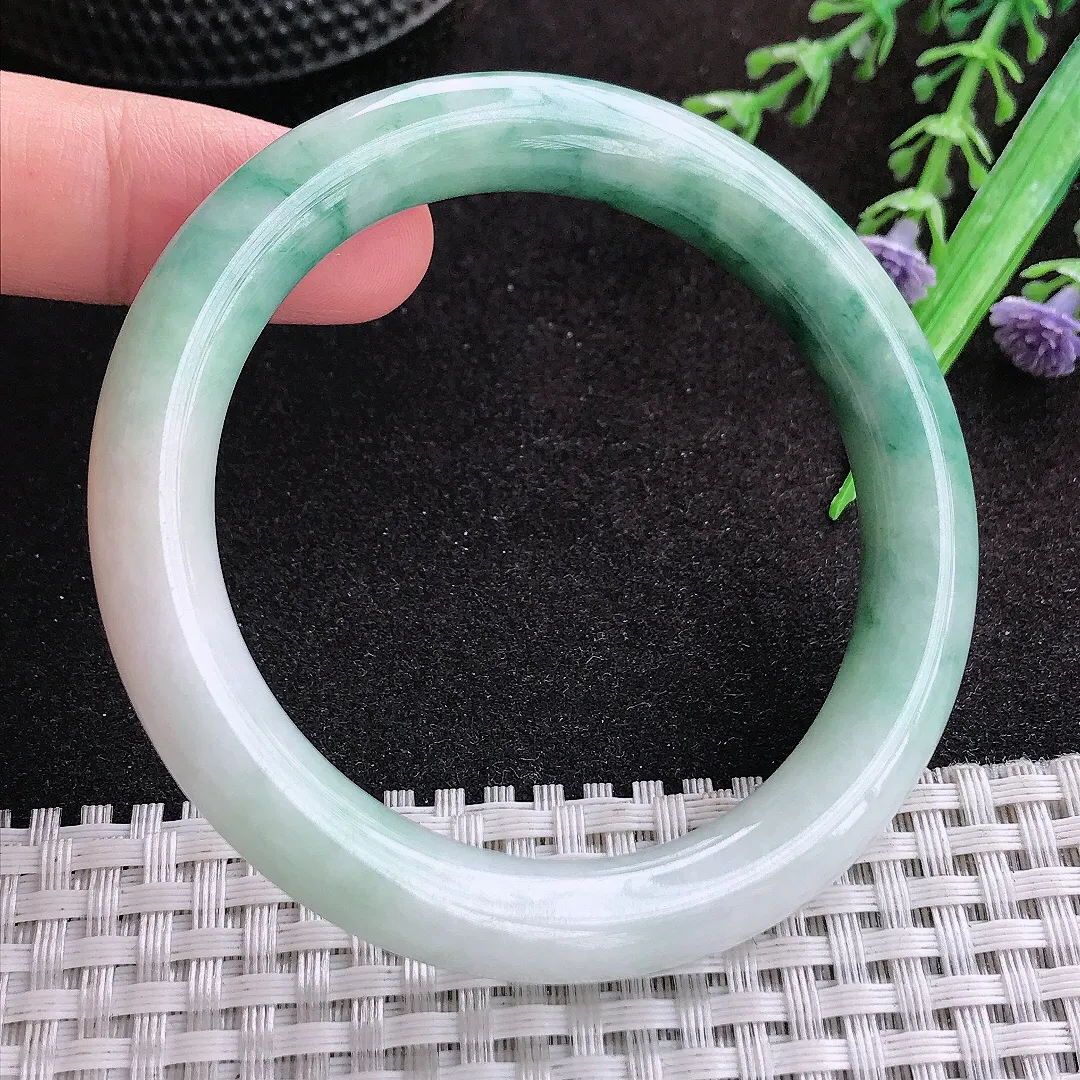 自然光53/9.7/9.3老坑温润飘花圆条手镯玉镯子美人镯手环