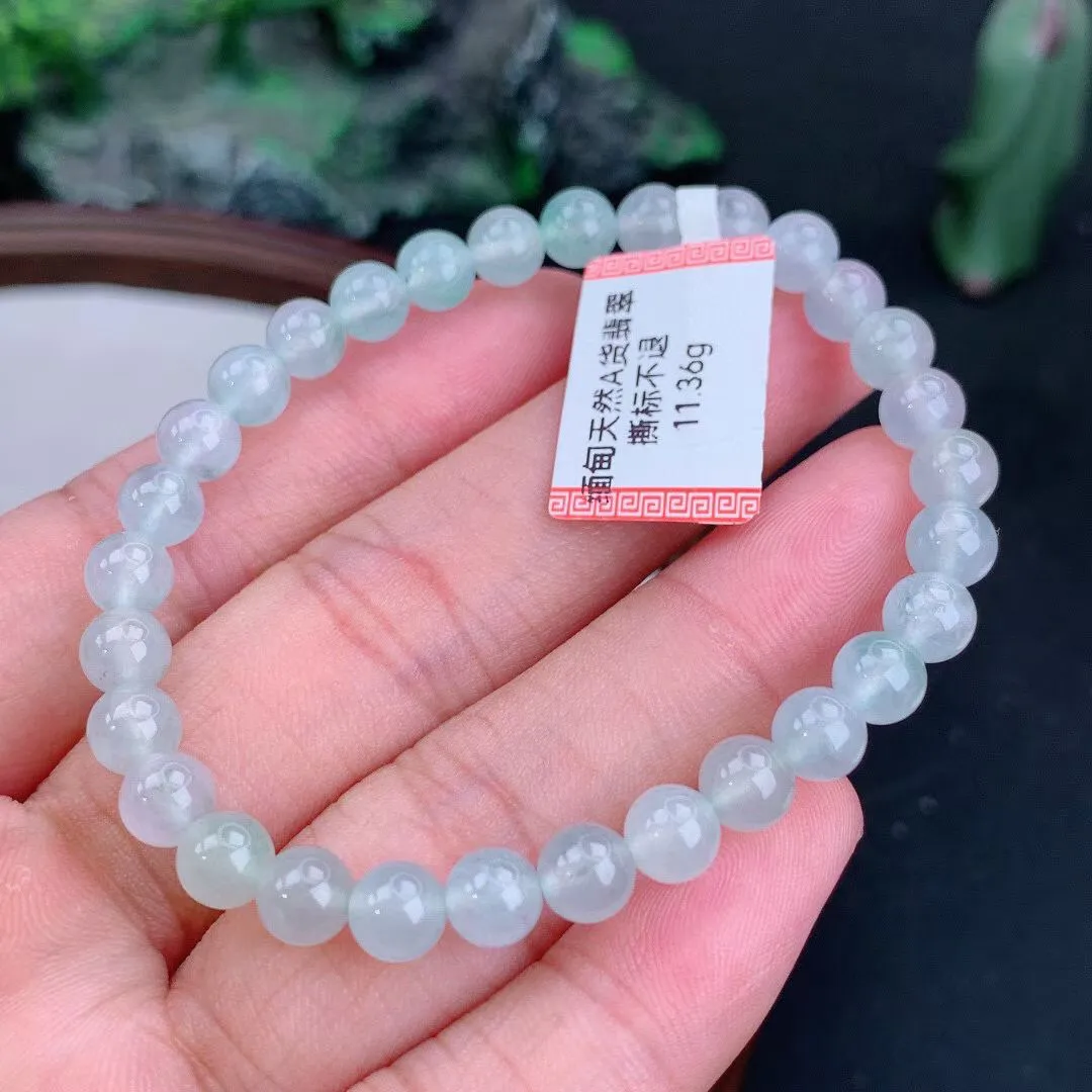 缅甸天然翡翠A货 老坑料起胶冰种 圆珠手串 手链  
尺寸6mm  y 11.36
