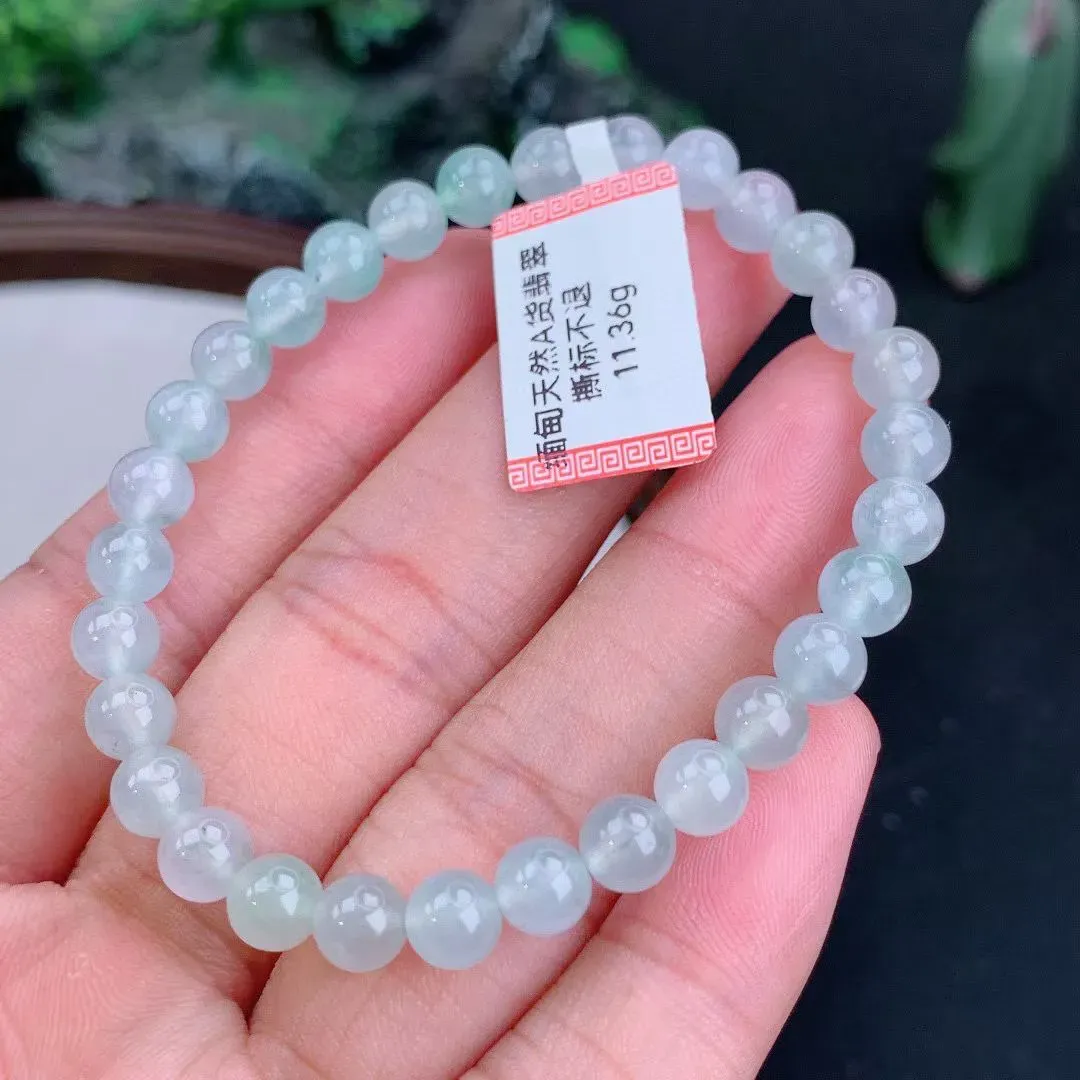 缅甸天然翡翠A货 老坑料起胶冰种 圆珠手串 手链  
尺寸6mm  y 11.36