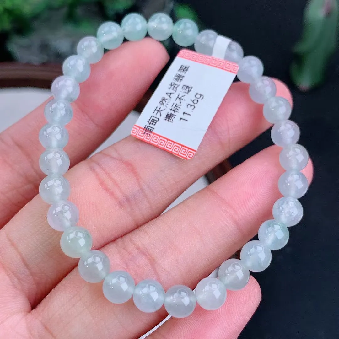 缅甸天然翡翠A货 老坑料起胶冰种 圆珠手串 手链  
尺寸6mm  y 11.36