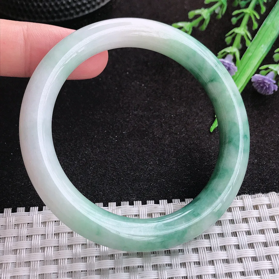 自然光53/9.7/9.3老坑温润飘花圆条手镯玉镯子美人镯手环