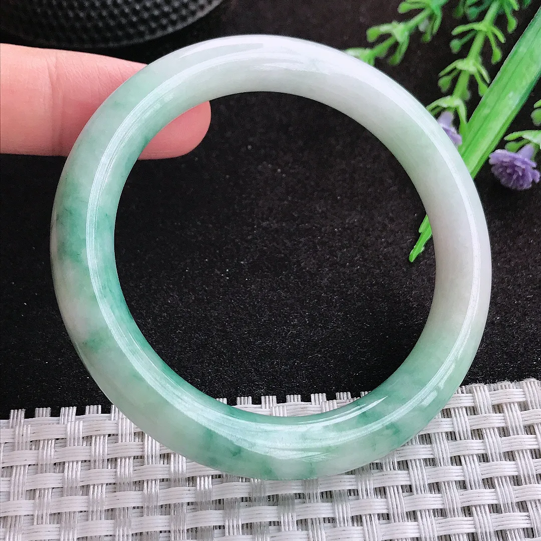 自然光53/9.7/9.3老坑温润飘花圆条手镯玉镯子美人镯手环