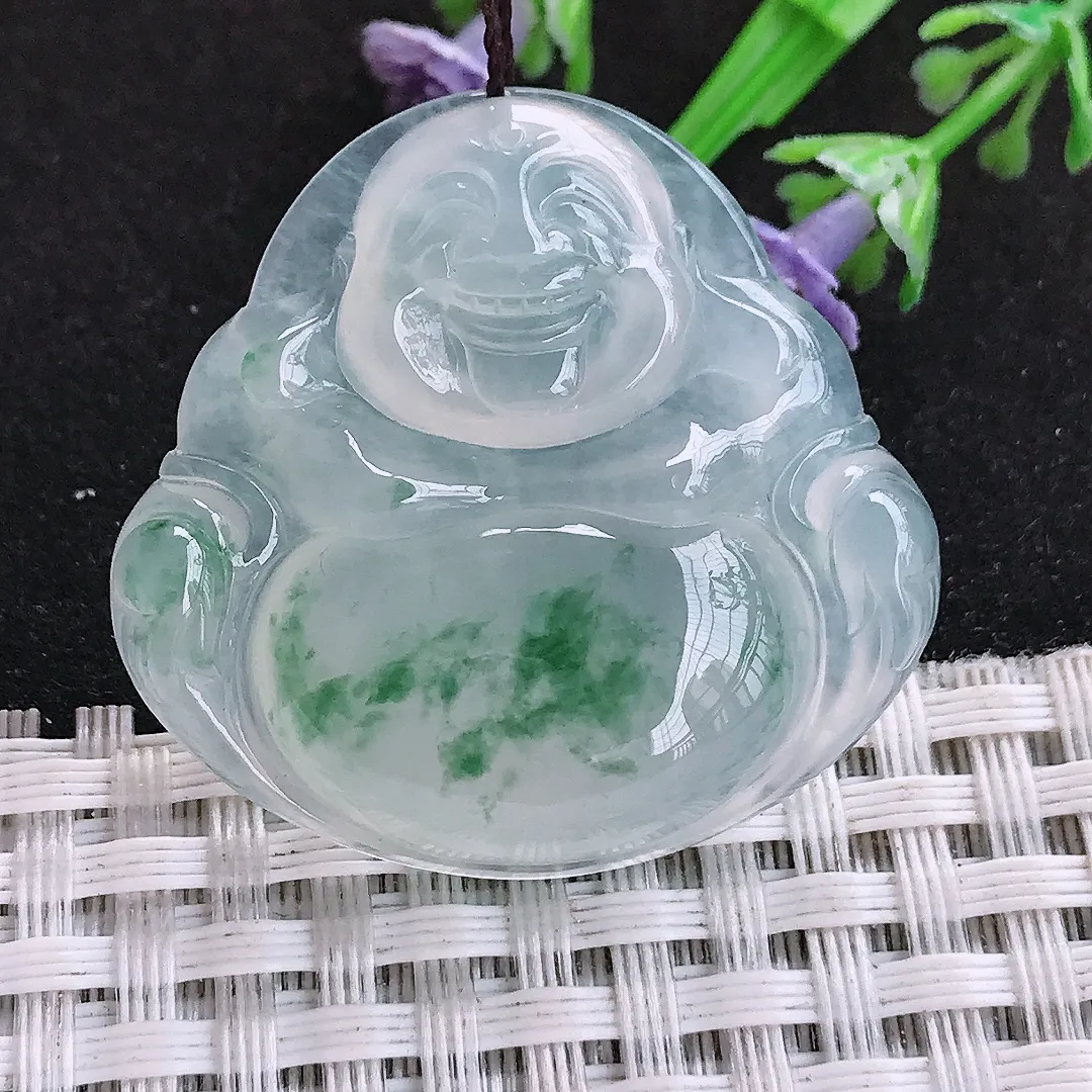 自然光33.7/35.2/7.7老坑冰种果冻胶冰飘花佛公挂件翡翠玉吊坠百搭