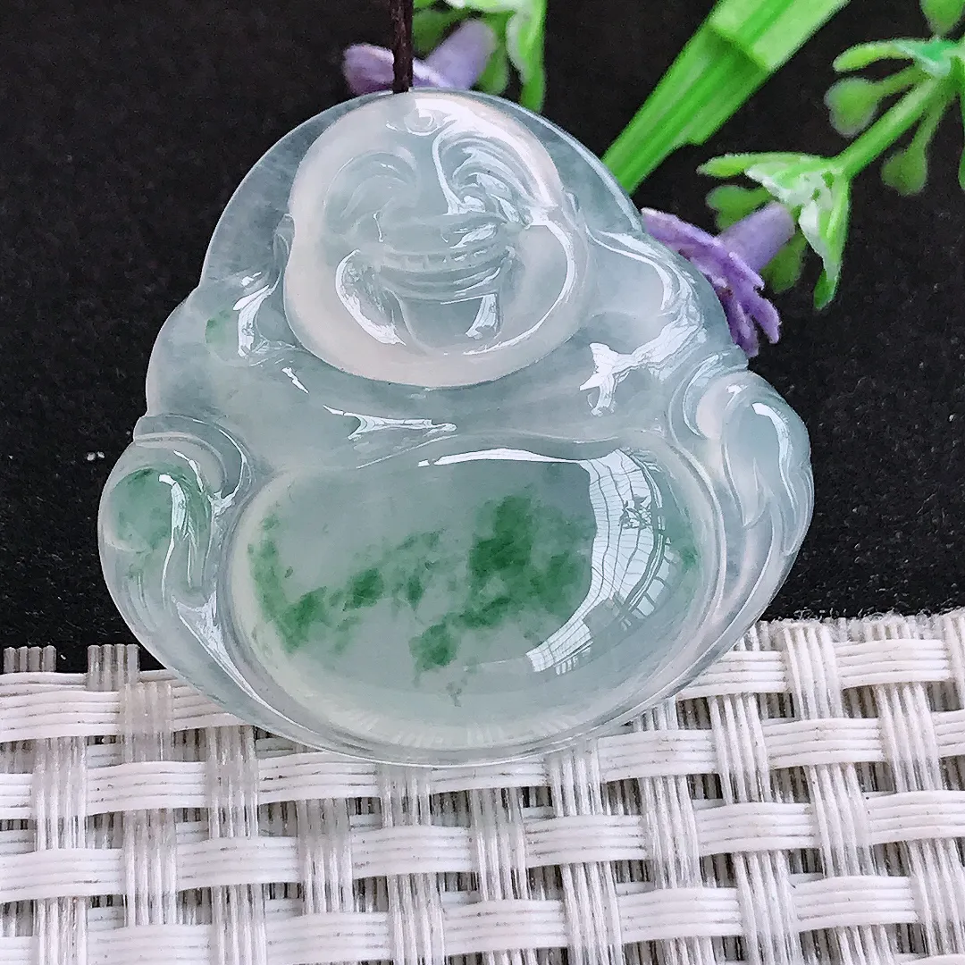 自然光33.7/35.2/7.7老坑冰种果冻胶冰飘花佛公挂件翡翠玉吊坠百搭