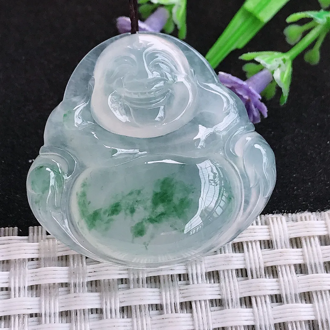 自然光33.7/35.2/7.7老坑冰种果冻胶冰飘花佛公挂件翡翠玉吊坠百搭