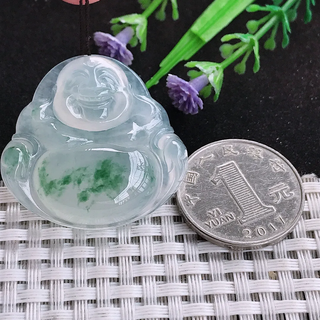 自然光33.7/35.2/7.7老坑冰种果冻胶冰飘花佛公挂件翡翠玉吊坠百搭