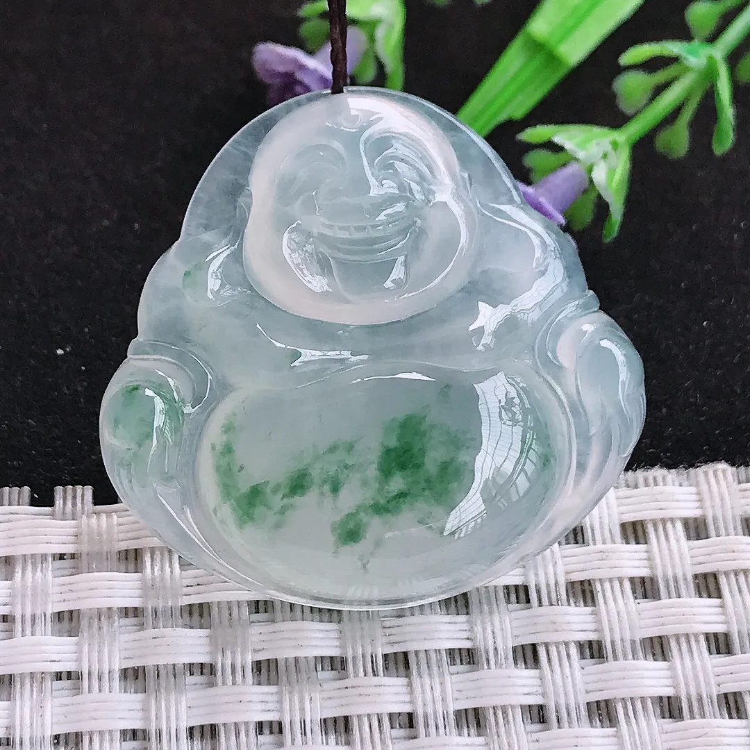 自然光33.7/35.2/7.7老坑冰种果冻胶冰飘花佛公挂件翡翠玉吊坠百搭