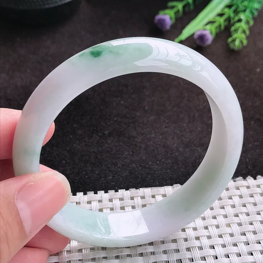 自然光59/14.8/7.5老坑温润飘花手镯宽边玉镯子美人镯手环