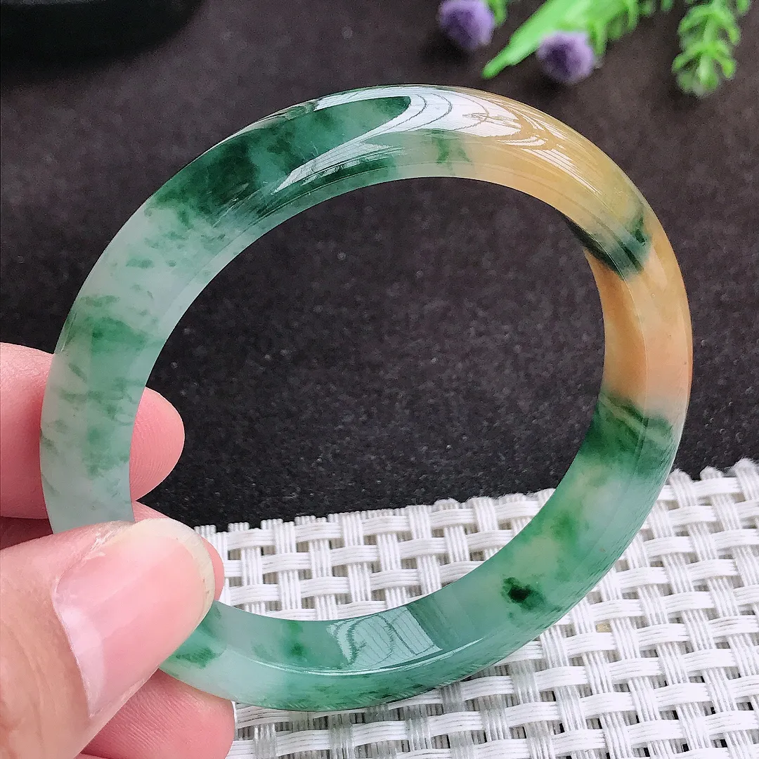 自然光54/10.5/7.5老坑冰胶水灵艳丽福禄寿三彩手镯宽边玉镯子美人镯手环