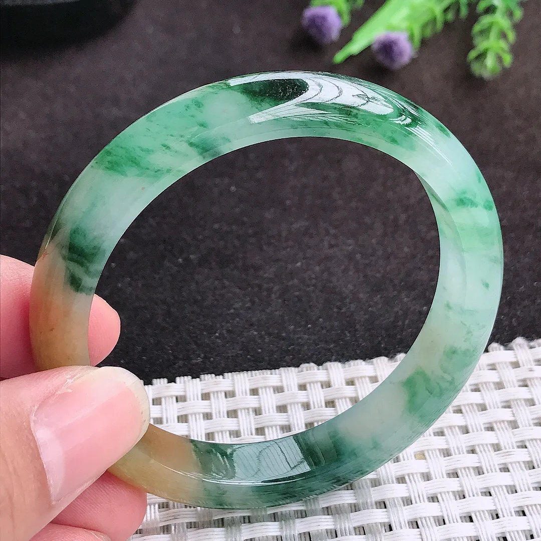 自然光54/10.5/7.5老坑冰胶水灵艳丽福禄寿三彩手镯宽边玉镯子美人镯手环