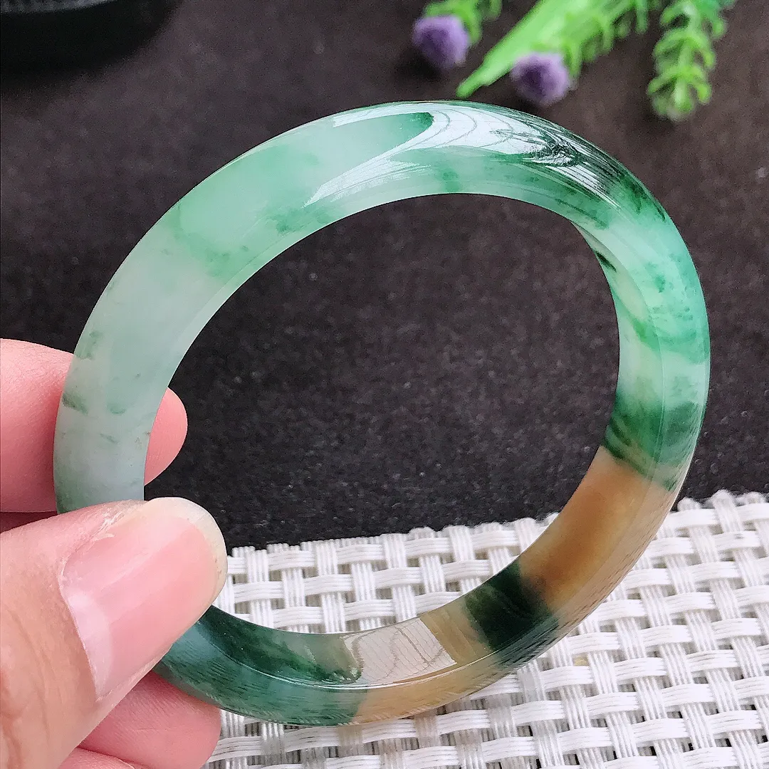 自然光54/10.5/7.5老坑冰胶水灵艳丽福禄寿三彩手镯宽边玉镯子美人镯手环