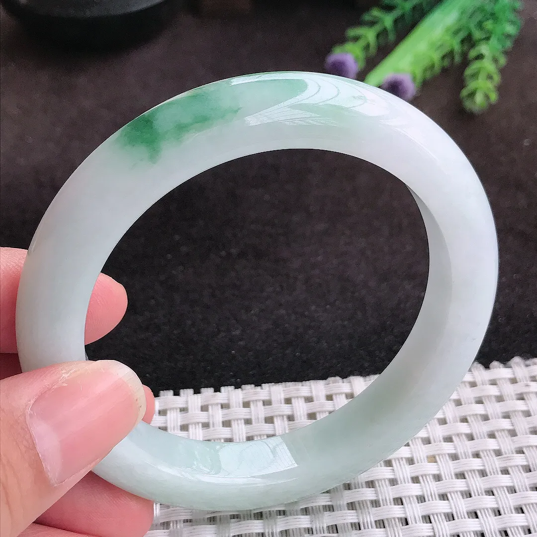 自然光59/11.8/9.6老坑精美温润飘花手镯宽边玉镯子美人镯手环