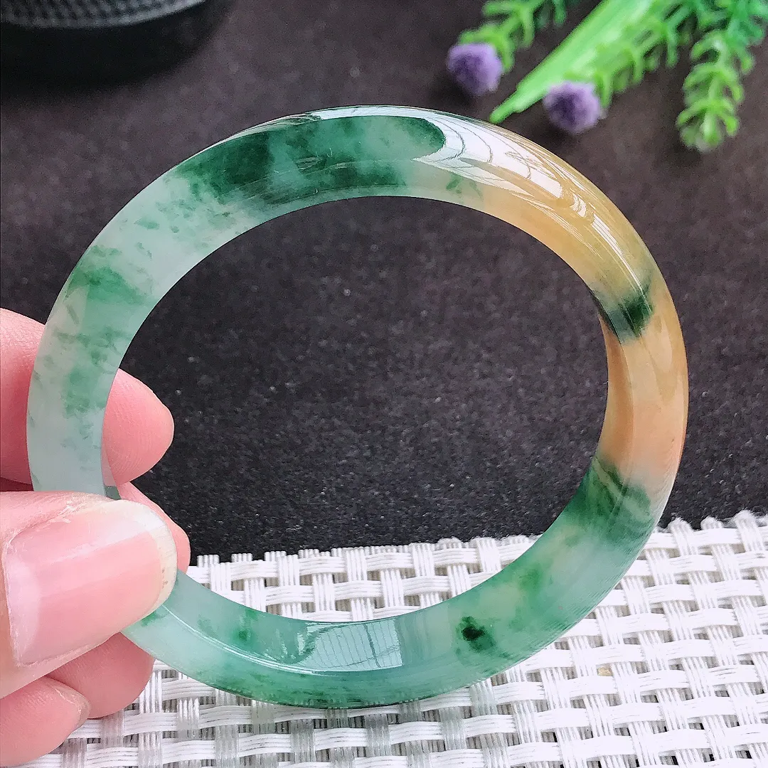 自然光54/10.5/7.5老坑冰胶水灵艳丽福禄寿三彩手镯宽边玉镯子美人镯手环