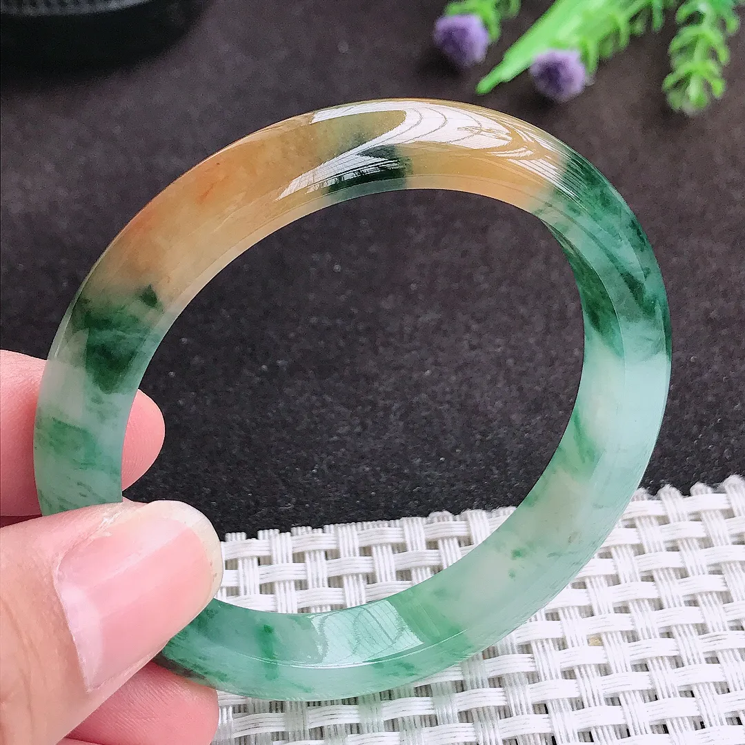 自然光54/10.5/7.5老坑冰胶水灵艳丽福禄寿三彩手镯宽边玉镯子美人镯手环